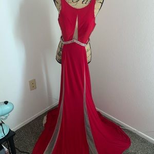 Red with skin tone see through cleavage and along length, attached bling belt